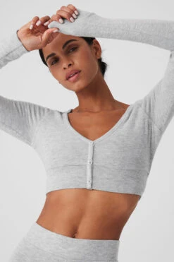 Alolux Cropped Me Time Cardigan - Athletic Heather Grey -Alo Yoga Shop W3775R 02910 b1 s1 a4 1 m18